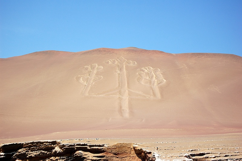 Ania_super-1.JPG - Po drodze znak podobny do tych z płaskowyżu Nazca. W tym miejscu roczna średnia opadów to 0,5 mm, więc znak, pomimo, że wydrążony w miękiej skale i piasku, nie niszczy się od kilkuset lat. (Zdjęcie: Ania)