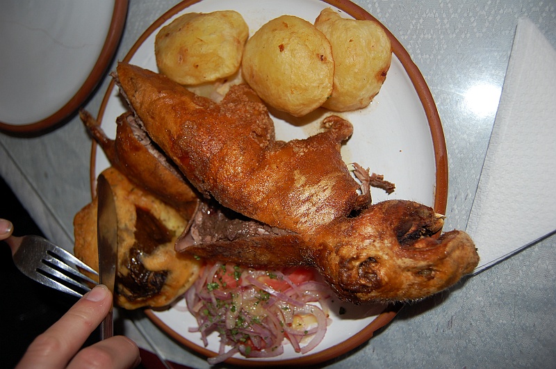 Bartek-59.jpg - Dzieci i osoby o słabych nerwach proszone są o nie oglądanie tego zdjęcia. Oto świnka morska, lokalny przysmak, na minutę prze pożarciem przez... powiedzmy, pewnych anonimowych turystów z Europy Wschodniej. Z ząbkami i pazurkami. (Zdjęcie: Bartek)