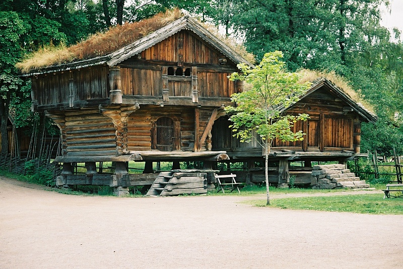 F1030003.JPG - Skansen w Oslo. Przeniesiono tam budowle z różnych stron Norwegii. Między innymi kościół 'stavkirke'. Tu - budynki gospodarcze, spichlerze. (Zdjęcie - Rafał).